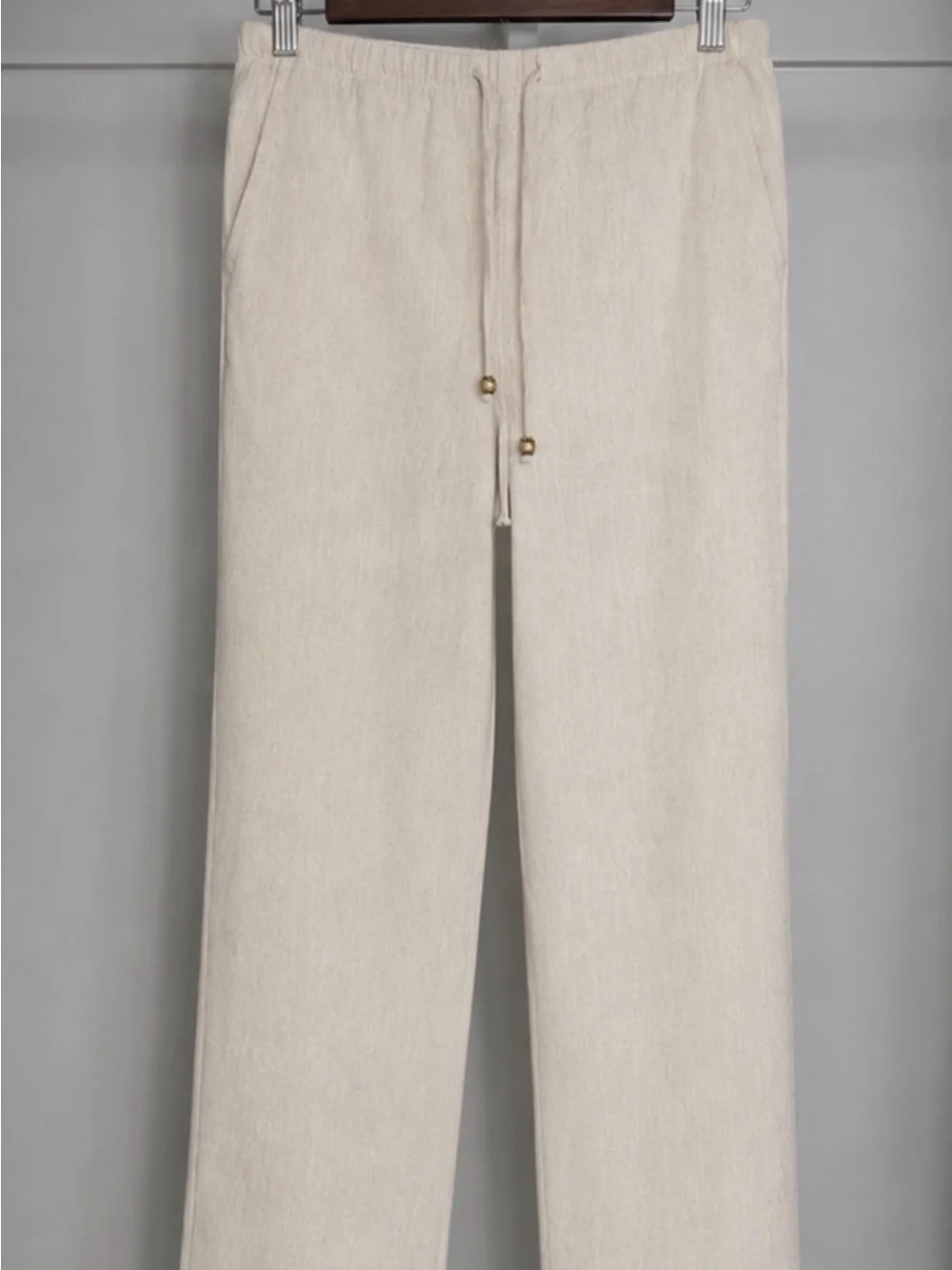 Women’s Ruffle Zara Cream Drawstring Wide-Leg Linen-Blend Pants